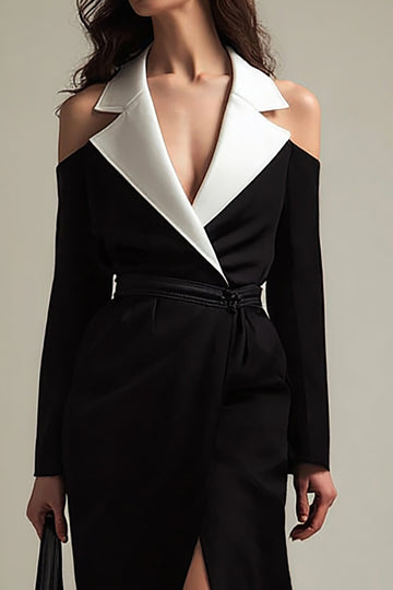 Sheath Notched Lapel Black and White Work Dress With Slit